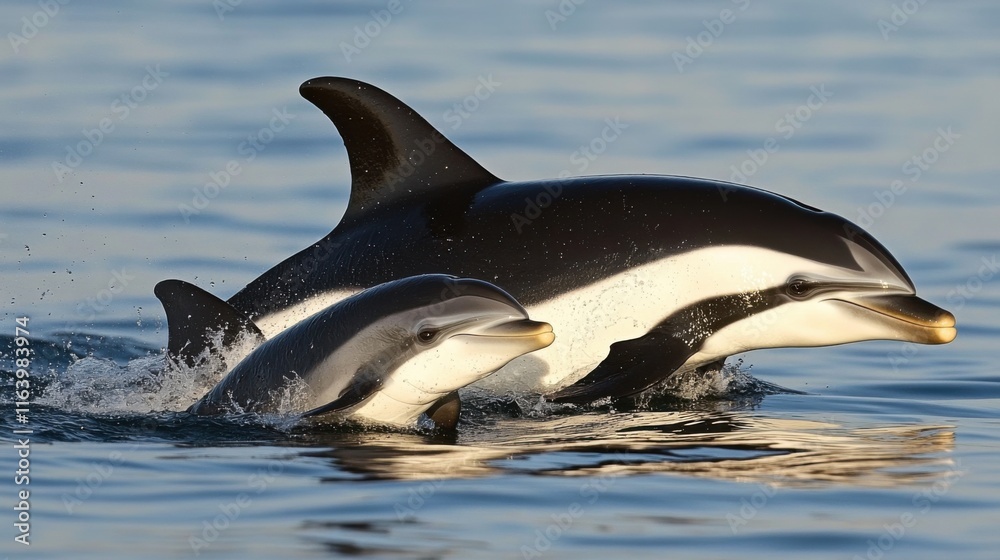 Fototapeta premium Playful dolphin calf leaping alongside mother in ocean adventure
