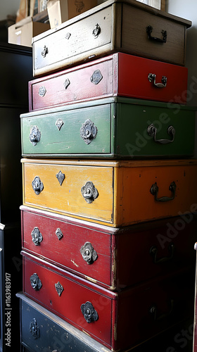 Colorful Stacked Wooden Drawers Antique Chest of Drawers Photo photo