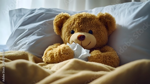 A brown teddy bear is lying in bed with a white tissue, feeling unwell and sick. photo