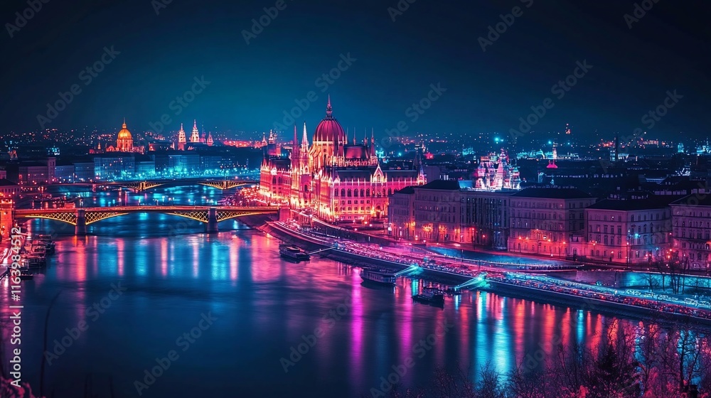 Obraz premium Panoramic view of Budapest at night, illuminated with vibrant neon colors, showcasing the Parliament building and the Danube River.