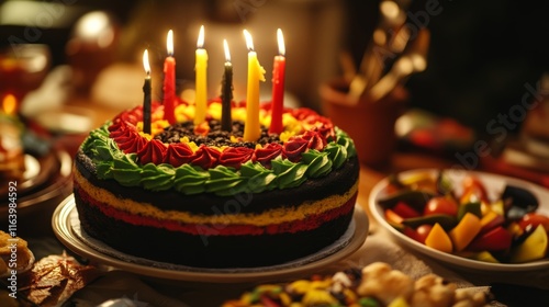 beautifully designed Juneteenth cake, decorated with red, green, and black frosting photo