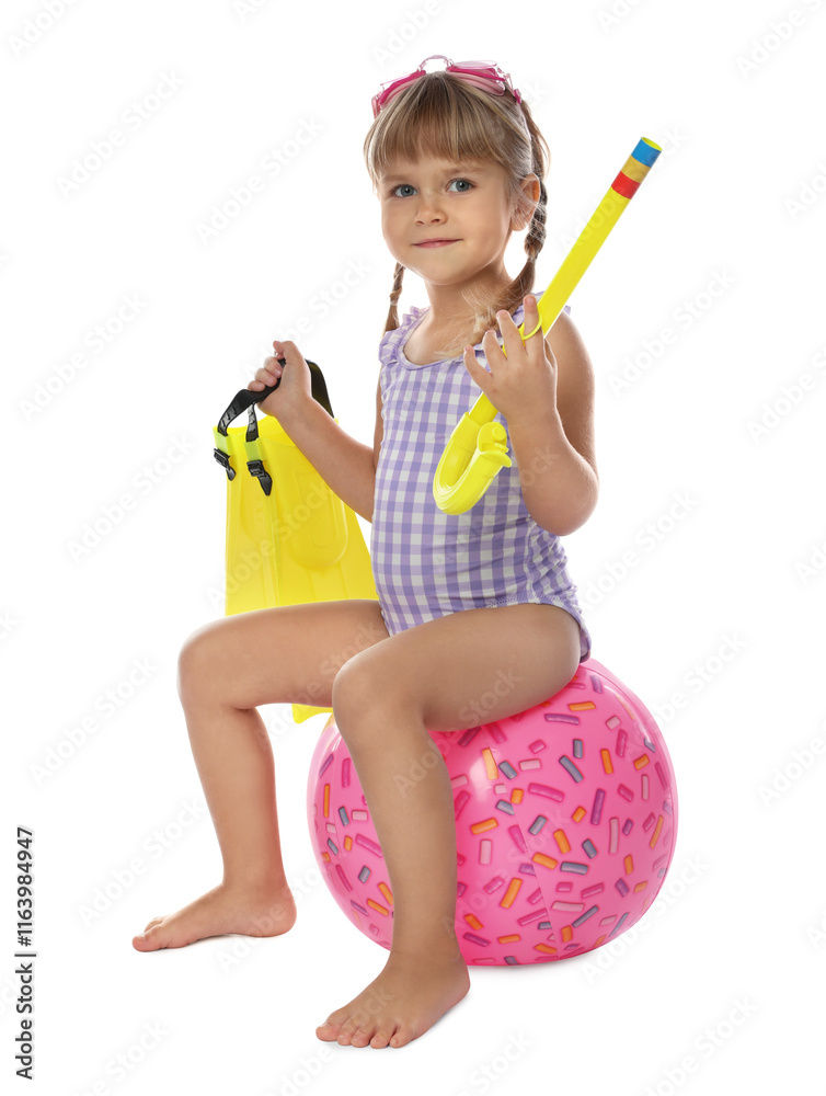 Cute little girl in swimsuit with inflatable ball and snorkeling equipment on white background Cute little girl in swimsuit with inflatable ball and snorkeling equipment on white background