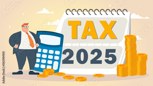 Tax concept. with the 2025 New Year, coins on the desk.Tax deduction planning. Income tax filing and tax filing to pay tax documents online investment growth. 
