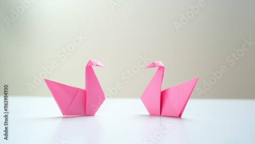 two pink origami swans stand on white table, romantic atmosphere photo