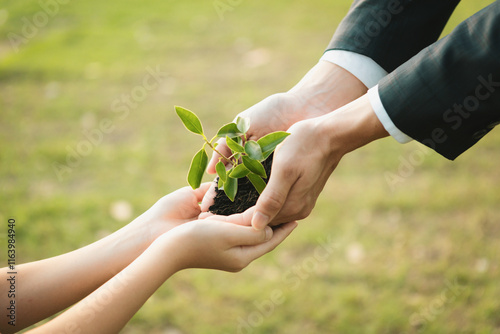 Businessman handing plant or sprout to young boy as eco company committed to corporate social responsible, reduce CO2 emission and embrace ESG principle for sustainable future.Gyre photo