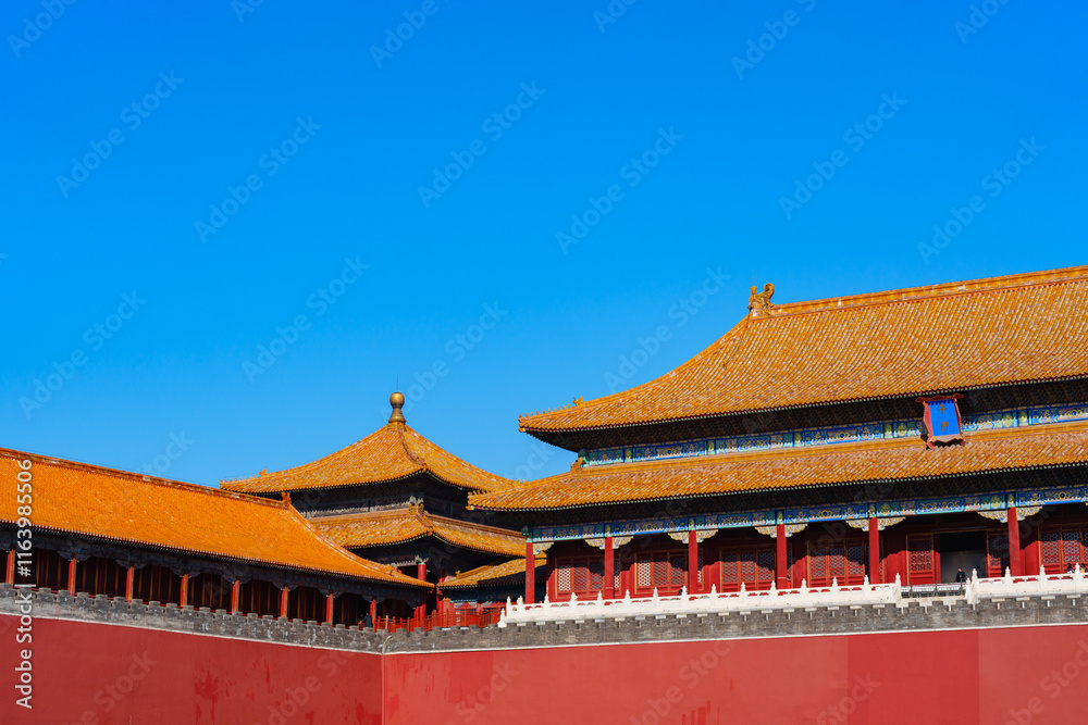 Meridian Gate of Forbidden City under blue sky in sunlight Meridian Gate of Forbidden City under blue sky in sunlight