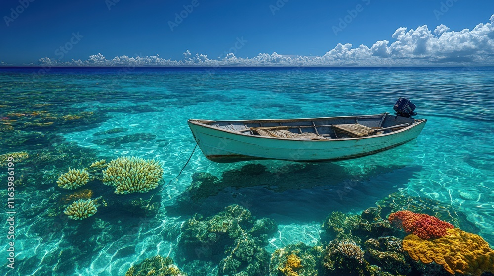 Naklejka premium Small boat floats above vibrant coral reef.