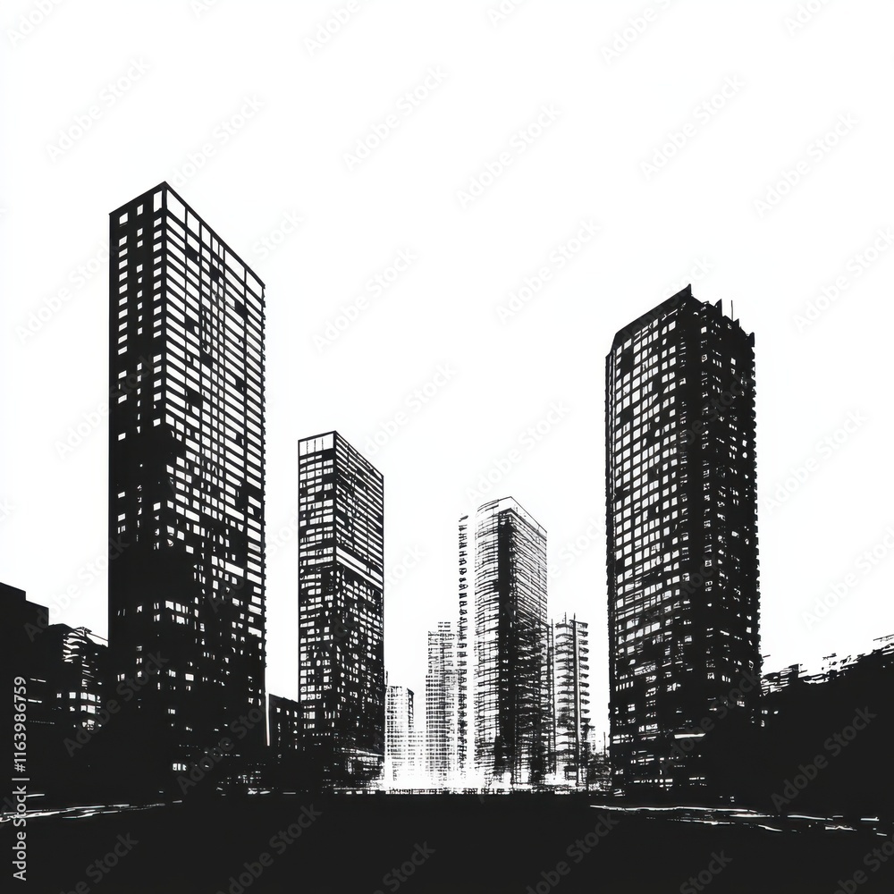 Naklejka premium Urban skyline silhouettes of multi-story buildings in monochrome art composition