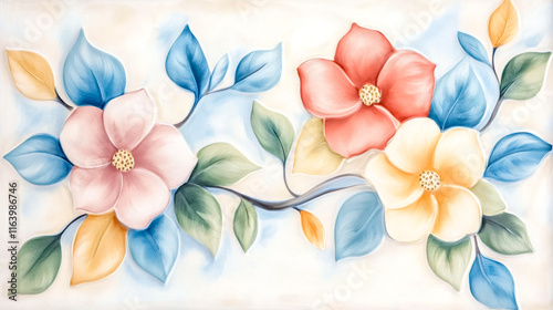 Floral ceramic tiles showing hand painted pastel flowers and leaves © edojob