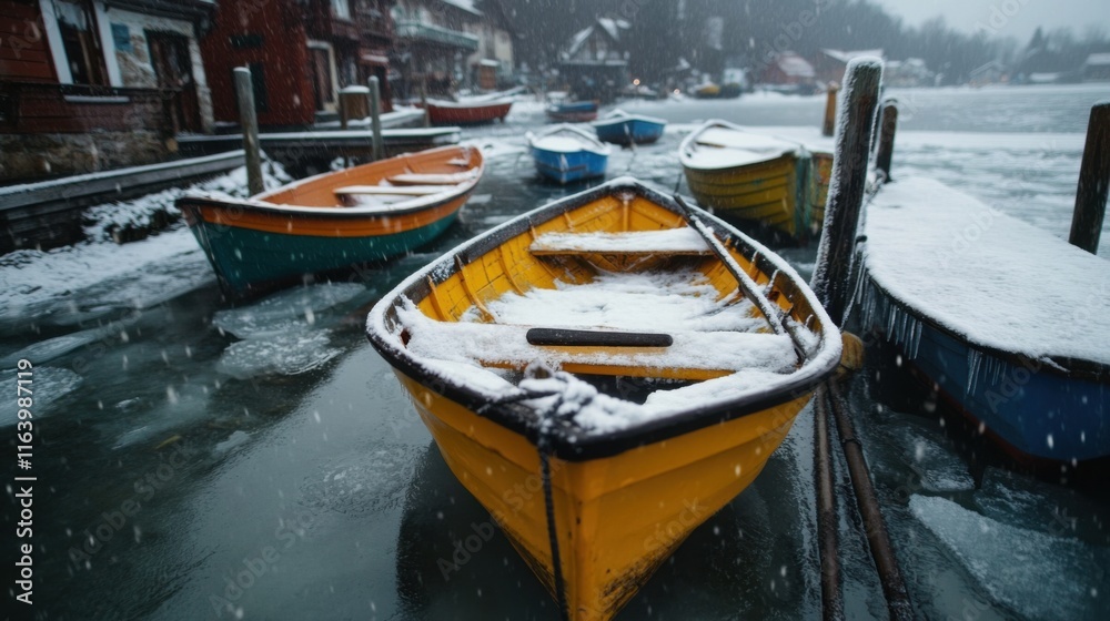 Vibrant winter scene of colorful boats in snow-covered fishing village Vibrant winter scene of colorful boats in snow-covered fishing village