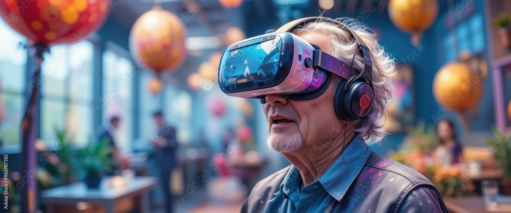 Older man in VR headset with a futuristic city background, creating a sense of wonder and digital exploration, suitable for tech, gaming, or innovative projects. Older man in VR headset with a futuristic city background, creating a sense of wonder and digital exploration, suitable for tech, gaming, or innovative projects.