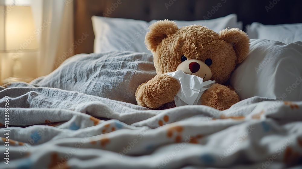 © Fitriyani - A teddy bear is sick and is resting in bed with a tissue. © Fitriyani - A teddy bear is sick and is resting in bed with a tissue.