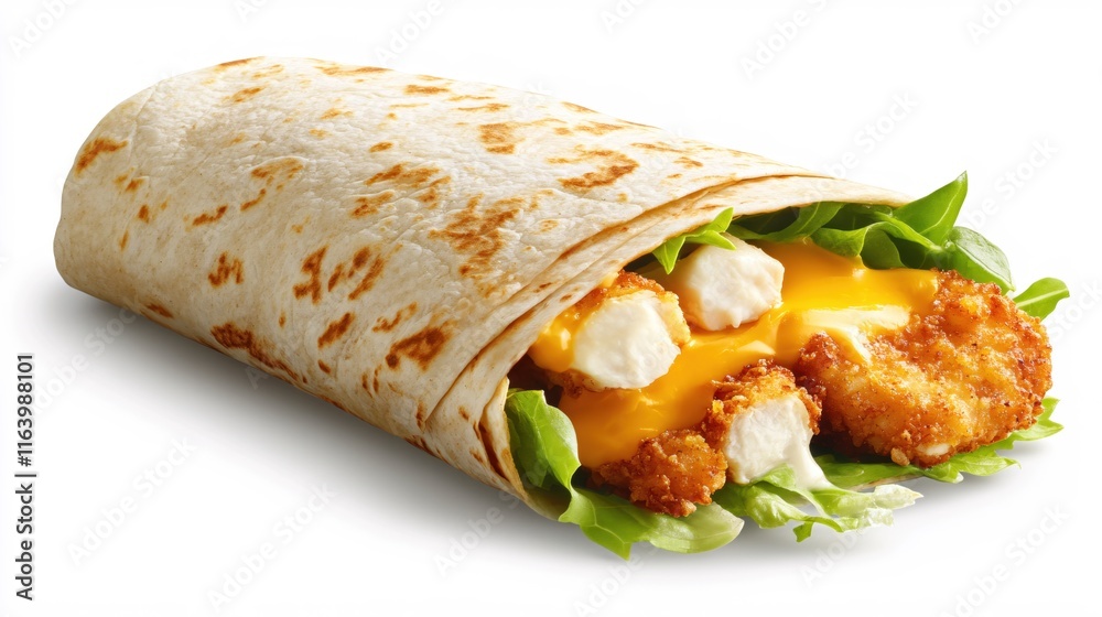 Fresh Tortilla Wrap Filled with Crispy Chicken, Cheese, and Crisp Vegetables Fresh Tortilla Wrap Filled with Crispy Chicken, Cheese, and Crisp Vegetables