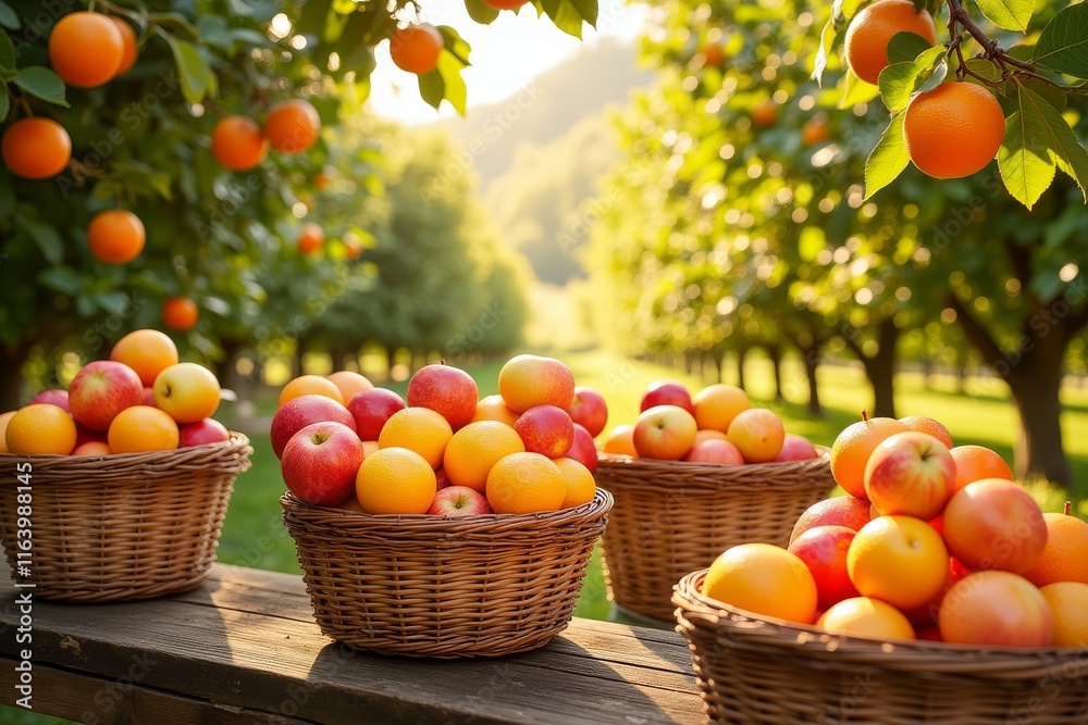 Fresh Apples and Oranges in Baskets Under Sunny Orchard Trees
