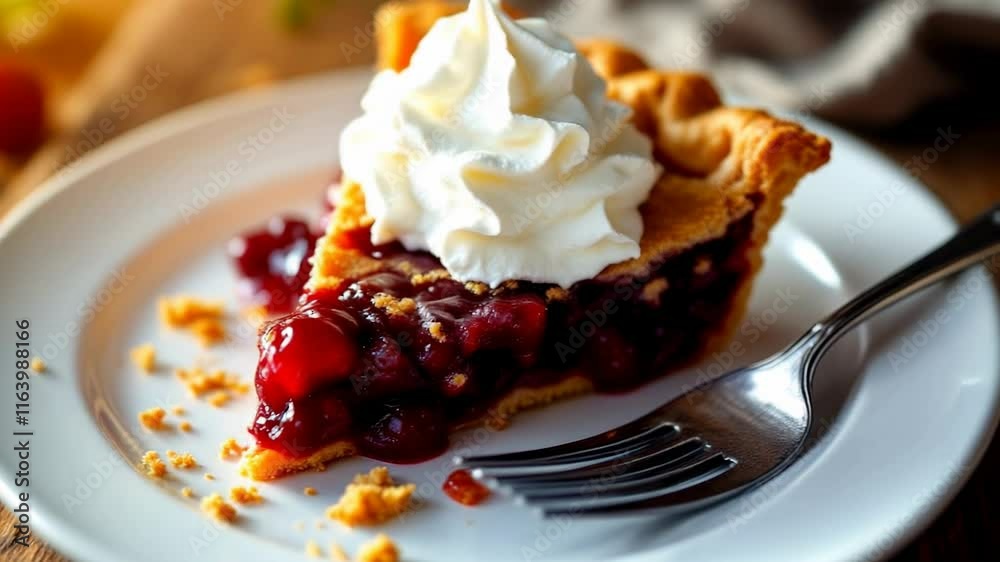 Homemade Cherry Pie Slice with Whipped Cream Topping on White Plate. Traditional American Dessert with Flaky Crust. Sweet Food Photography for Restaurant Menu with Copy Space Homemade Cherry Pie Slice with Whipped Cream Topping on White Plate. Traditional American Dessert with Flaky Crust. Sweet Food Photography for Restaurant Menu with Copy Space