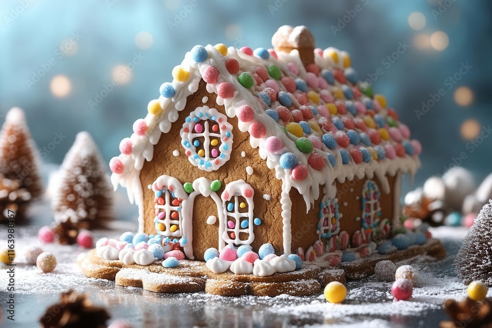 Naklejka premium whimsical gingerbread house adorned with colorful icing and candy decorations, creating a delightful christmas cookie clipart that evokes feelings of holiday cheer and festive spirit