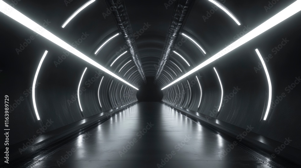 Naklejka premium Neon light in tunnels, rays and lines. Perspective of light in motion. Dark abstract neon background, empty stage. 