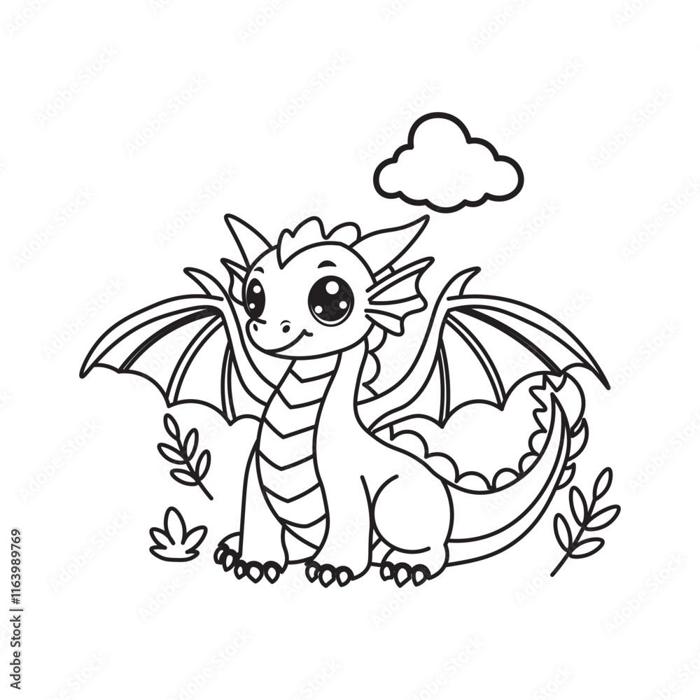Obraz premium Black And White Coloring Page With Bold Lines, Cute Animal Dragon