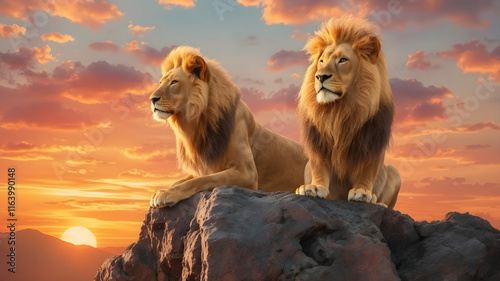 A regal lion sitting atop a mountain, its mane flowing in the breeze with a watercolor sunset in the background photo