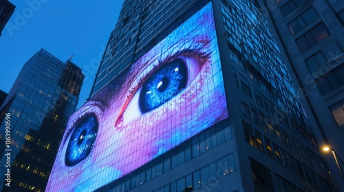 A towering megacorporation building adorned with holographic advertisements and surveillance drones photo