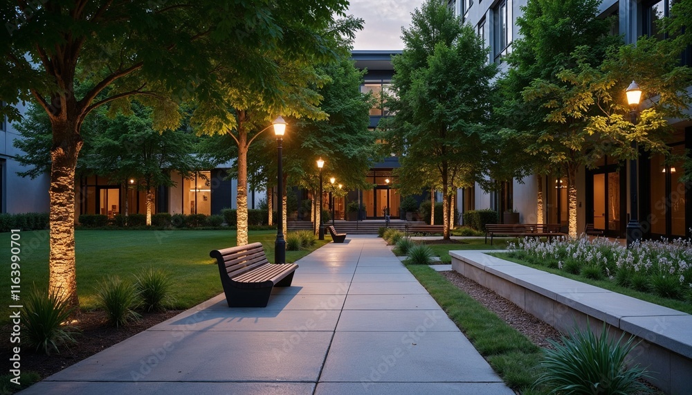 Obraz premium Cozy Urban Courtyard with Modern Bench and Evening Streetlight Glow