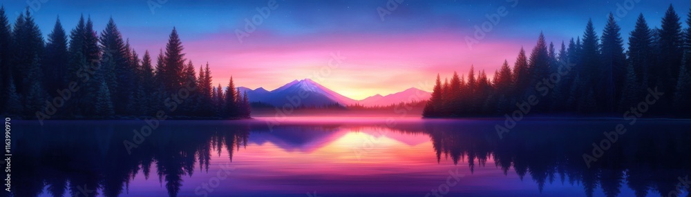 Naklejka premium Serene sunset reflection over tranquil lake majestic mountains digital art nature wide angle peaceful escape