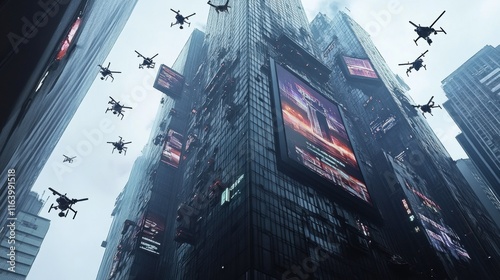 A towering megacorporation building adorned with holographic advertisements and surveillance drones photo