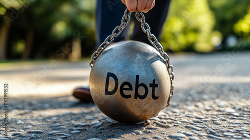 A businessman carry a heavy giant metal ball with the text debt photo