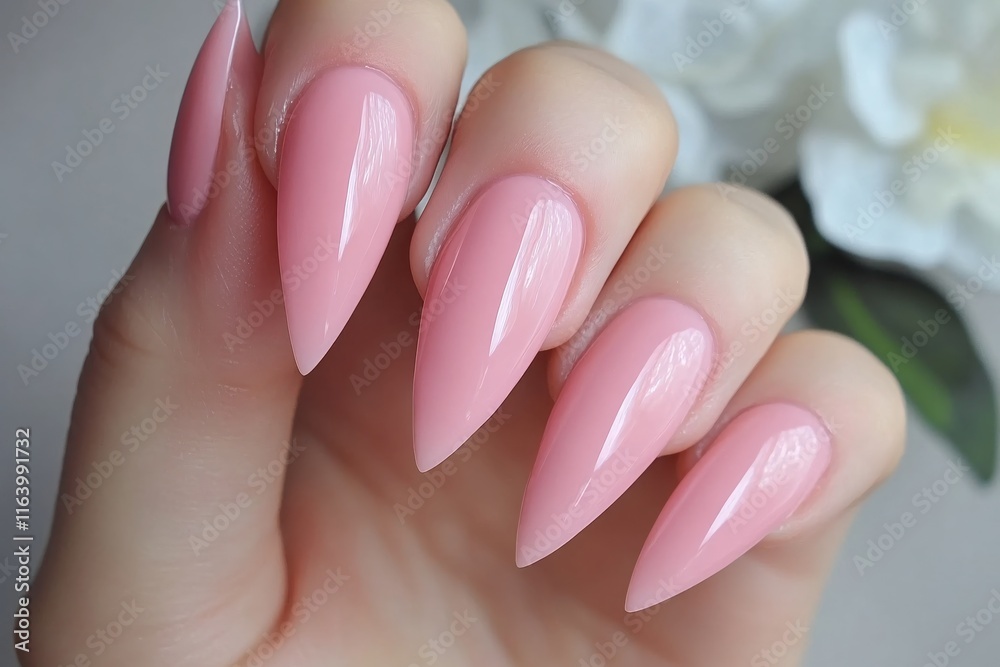 Elegant Long Pointed Pink Nails with Glossy Finish on a Fashionable Hand Elegant Long Pointed Pink Nails with Glossy Finish on a Fashionable Hand