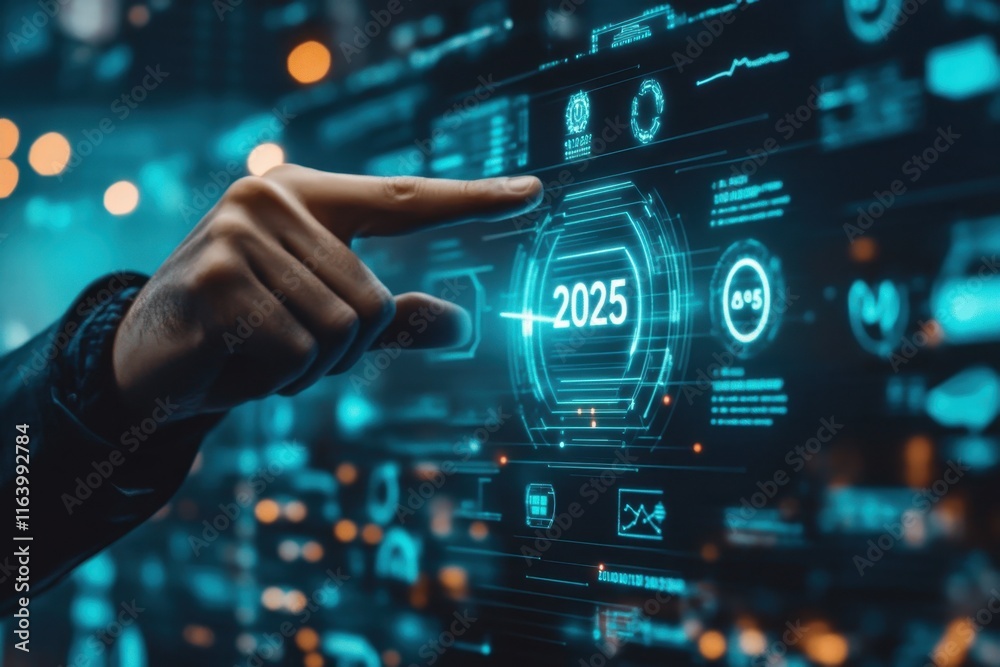 happy New Year 2025, Businessman points toward the year 2025 on a digital timeline happy New Year 2025, Businessman points toward the year 2025 on a digital timeline