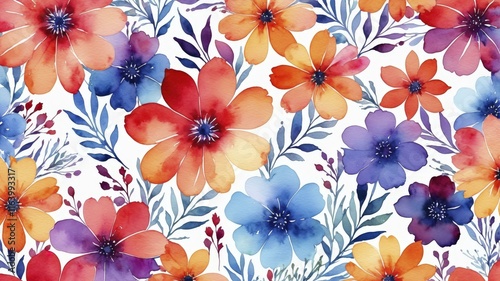 Digital watercolor painting featuring a vibrant floral pattern with colorful flowers and leaves