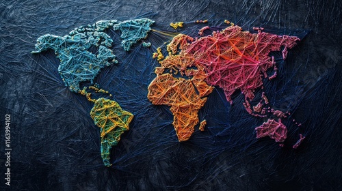 Fototapeta Naklejka Na Ścianę i Meble -  Colorful String Art World Map: A Global Tapestry of Interconnection