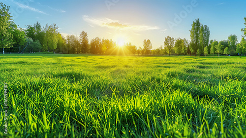 Sunlit Green Field with Trees at Sunrise..