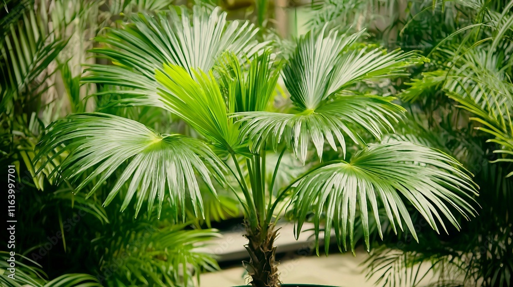 Lush Green Palm Tree with Vibrant Leaves in Tropical Environment Lush Green Palm Tree with Vibrant Leaves in Tropical Environment