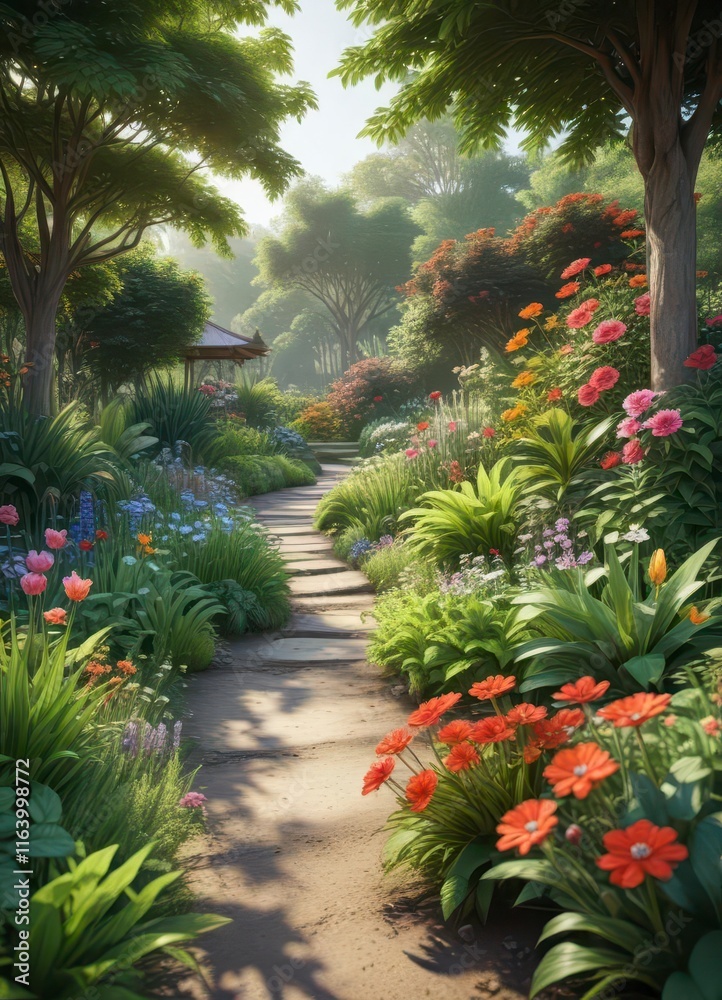 A serene botanical garden with lush greenery and vibrant flowers in a soft morning light, flowers, garden, floral A serene botanical garden with lush greenery and vibrant flowers in a soft morning light, flowers, garden, floral
