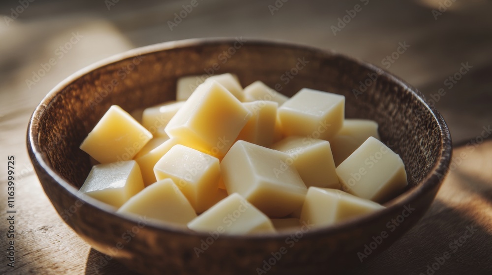 Sliced Cheese Cubes in a Wooden Bowl on a Rustic Table Sliced Cheese Cubes in a Wooden Bowl on a Rustic Table