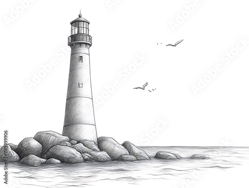 Coastal Lighthouse: A Penciled Seascape of Serenity photo