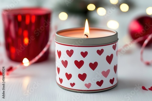 A beautifully decorated candle in a small tin, covered with sweet hearts, is prominently placed on the table for everyone to see. Handmade gifts from recycled materialss photo