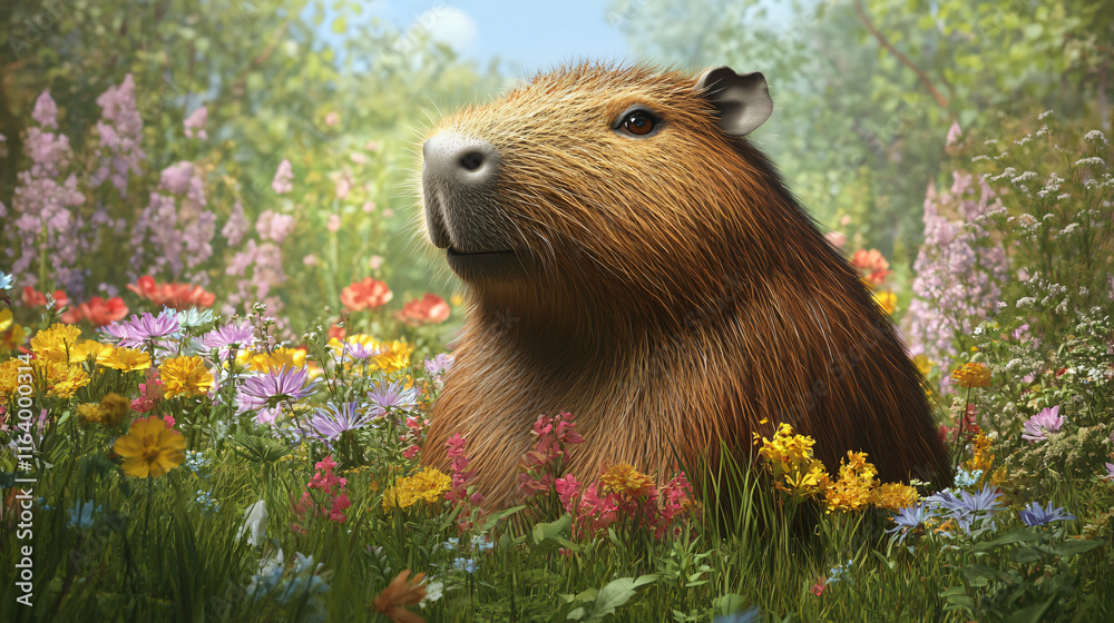 Fototapeta premium The Serene Capybara and Its Bird Companion