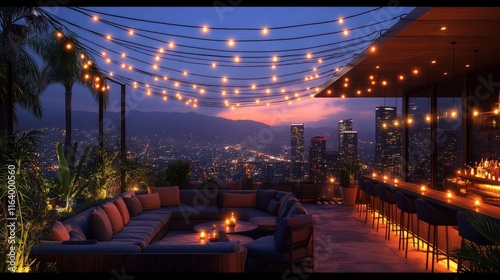 Rooftop lounge, city view, string lights, cozy seating.