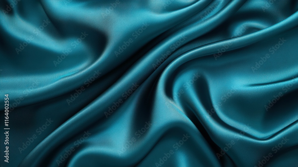 Fototapeta premium A close-up of smooth, teal satin fabric with elegant folds and reflections.