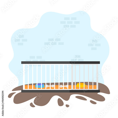 Empty Dog Cage with Food Tray and Bone concept, Doggy Carrier Metal Box Shelter Interior vector design, Pet foster and hotel Symbol, kennel animals Sign, Human-animal interaction scene illustration