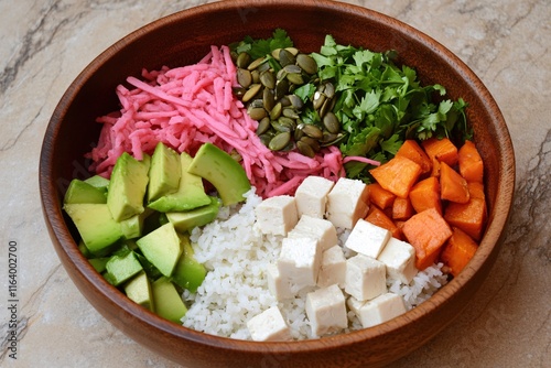 Vibrant Vegetarian Bowl with Fresh Ingredients Including Avocado, Tofu, and Rice photo