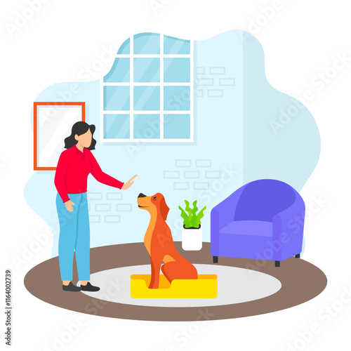 dog training commands Site and Down concept, Trainer teaching stay to give a release signal vector  design, Pet foster hotel Symbol, kennel animals Sign, Human-animal interaction scene illustration