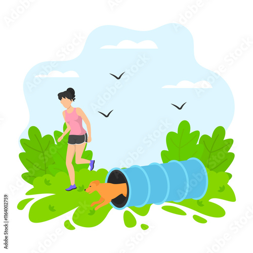 Doggy Coming out of Agility Tunnel with his Teacher concept, Dog handler working together in competition vector, Pet foster hotel Symbol, kennel animal Sign, Human-animal interaction illustration
