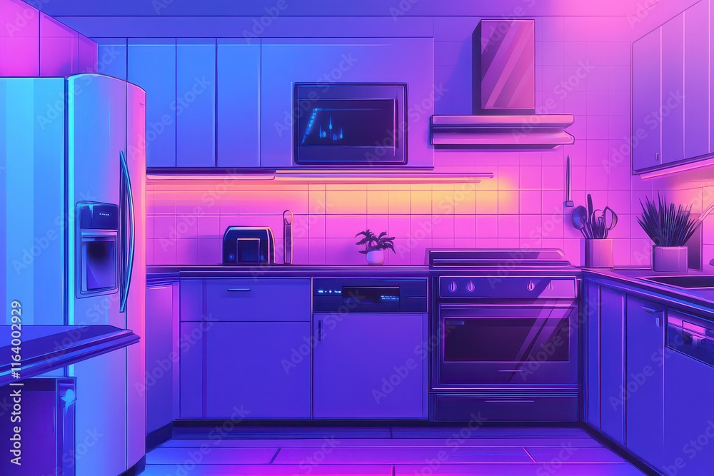 Fototapeta premium Futuristic Kitchen with Neon Highlights and Sharp Textures