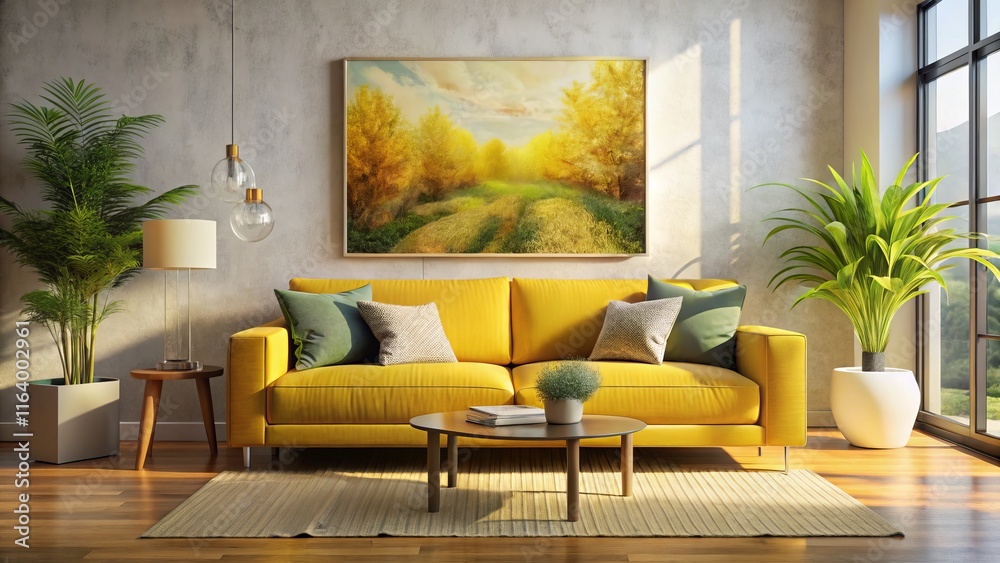 Obraz premium Modern Minimalist Living Room Yellow Sofa Abstract Art Macro Photography