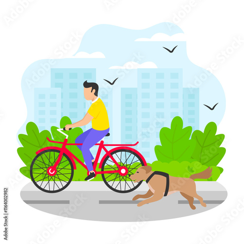 cycling with a dog in morning concept, Man Ride Bicycle Doggy Running side by side vector color design, Pet foster and hotel Symbol, kennel animals Sign, Human-animal interaction scene illustration