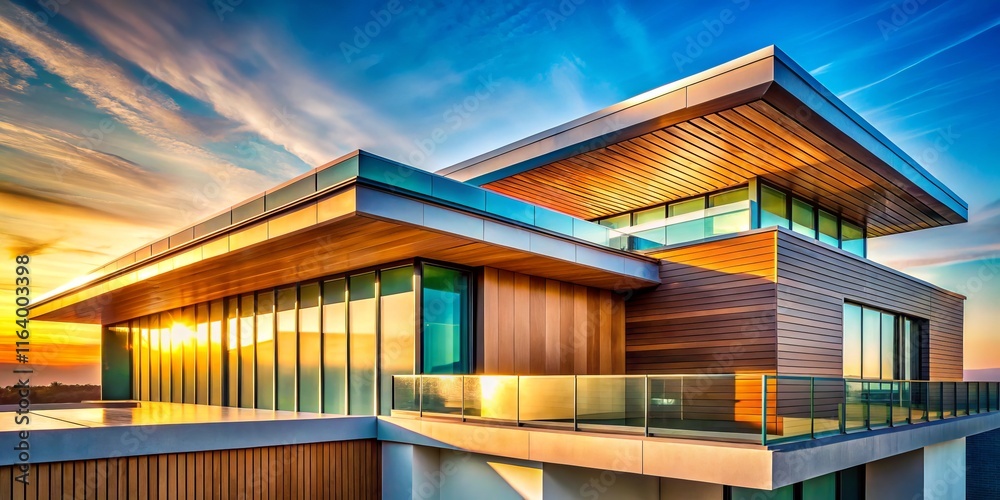 Fototapeta premium Modern Rooftop Architecture: Sleek Design with City View Copy Space