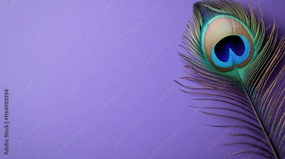Obraz premium Beautiful peacock feather on vibrant purple background with intricate details and texture